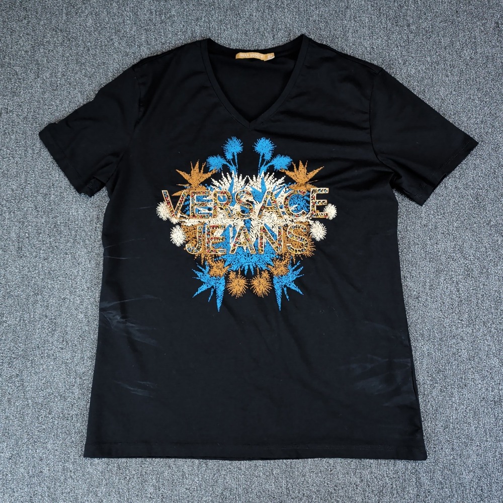 Freed Mandile Y2K Versace Jeans Graphic V-Neck Tee Women 3XL Black Rhinestone — photo 2